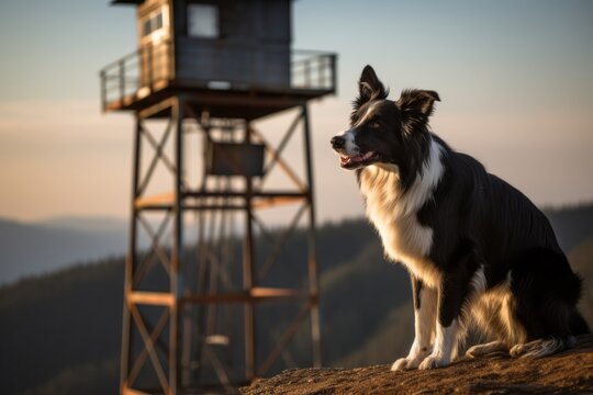 Environmental portrait photography of a curious border collie scratching ears against fire lookout towers background. With generative AI technology