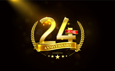 24 Years Anniversary in laurel wreath Gold Ribbon