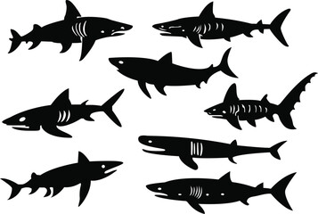 Set of shark silhouettes. Shark icons set. A set of shark silhouette vector illustrations.