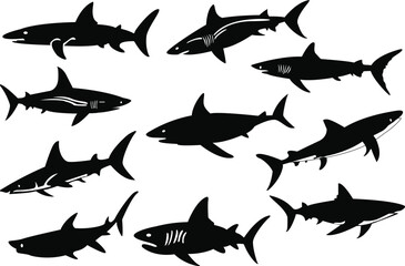 Set of shark silhouettes. Shark icons set. A set of shark silhouette vector illustrations.