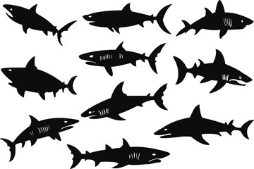 Fototapeta premium Set of shark silhouettes. Shark icons set. A set of shark silhouette vector illustrations.