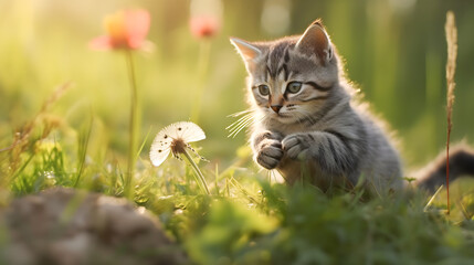 Naklejka na ściany i meble Little cute cat playing free in the field with flowers and insects at sunset. Kittens and love for pets. Generative ai.