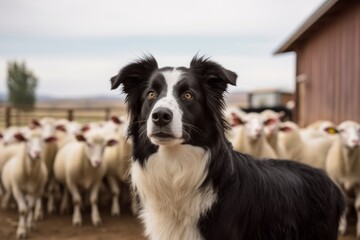 Medium shot portrait photography of a curious border collie playing with a group of dogs against alpaca and llama farms background. With generative AI technology - obrazy, fototapety, plakaty