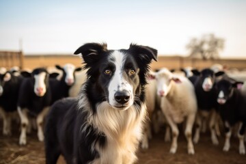 Fototapeta premium Medium shot portrait photography of a curious border collie playing with a group of dogs against alpaca and llama farms background. With generative AI technology