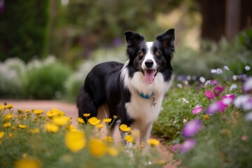 Full-length portrait photography of a happy border collie having a butterfly on its nose against butterfly gardens background. With generative AI technology