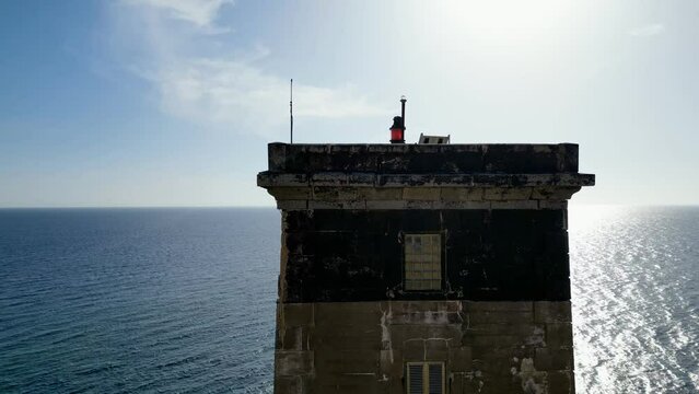 Straight takeoff in Backlight in front of the Majestic Capu di Fenu Lighthouse, Bonifacio, Corsica - Embracing the Horizon amidst the Mediterranean Sea Grandeur