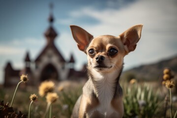 Conceptual portrait photography of a curious chihuahua being in front of a famous landmark against berry farms background. With generative AI technology