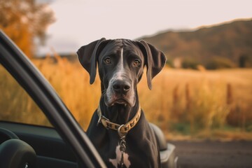 Medium shot portrait photography of a curious great dane riding in a car against berry farms background. With generative AI technology - obrazy, fototapety, plakaty