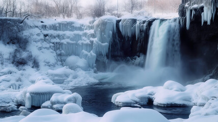 A frozen waterfall with ice and snow formations. Generative AI.