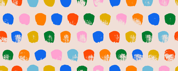 Bright color regular blots seamless pattern. Hand drawn polka dot seamless pattern. Abstract geometric horizontal banner with bold round brush strokes. Colorful dots abstract vector background.