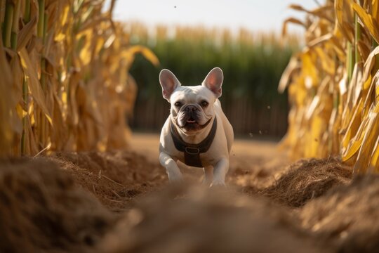 Environmental portrait photography of a tired french bulldog jumping against corn mazes background. With generative AI technology