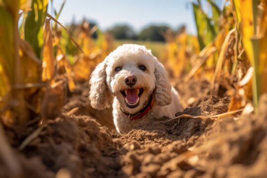 Lifestyle portrait photography of a happy poodle digging in a garden against corn mazes background. With generative AI technology