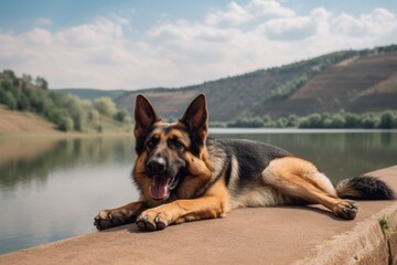 Full-length portrait photography of a happy german shepherd sleeping against dams and reservoirs background. With generative AI technology