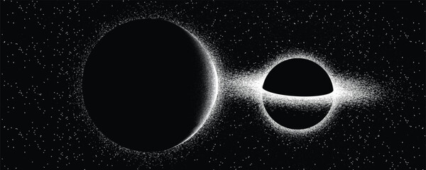 Black hole with disc of plasma  in space. Supermassive singularity in core off a galaxy, with noise texture . Event horizon .Vector illustration