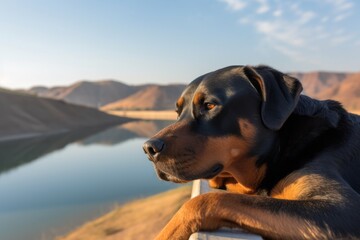 Medium shot portrait photography of a curious rottweiler sleeping against dams and reservoirs background. With generative AI technology