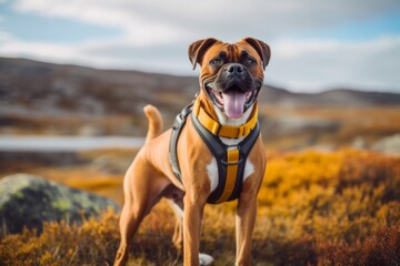 Lifestyle portrait photography of a happy boxer wearing a harness against tundra landscapes background. With generative AI technology