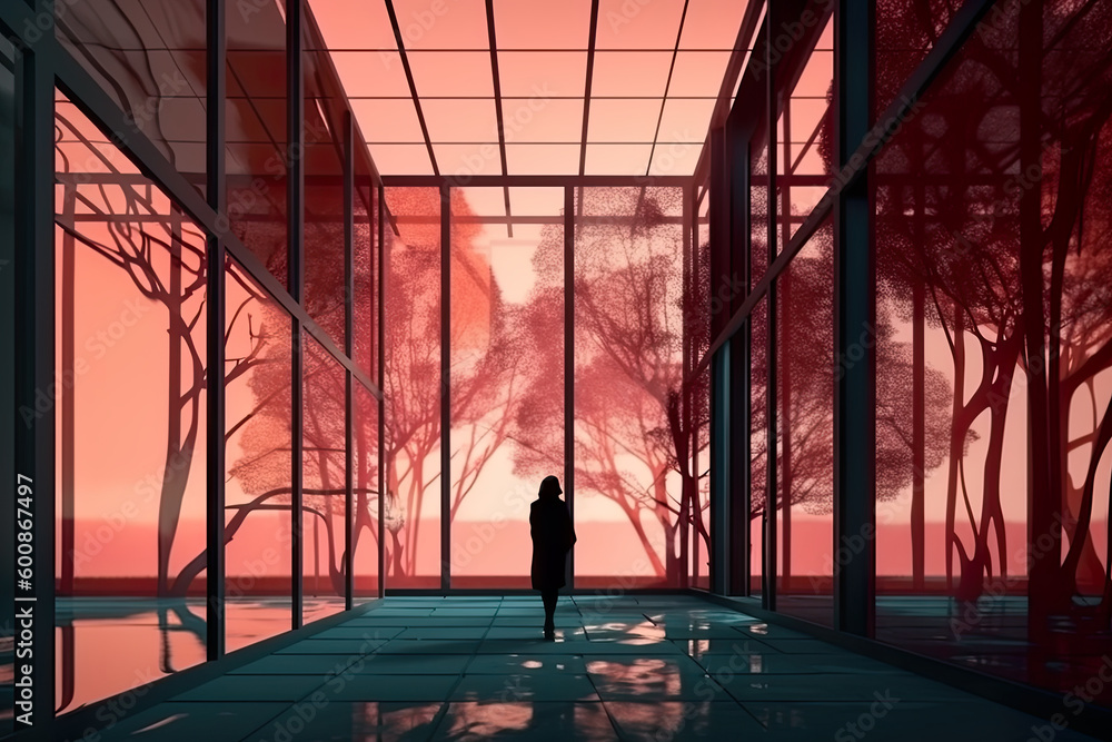 Poster a person standing in front of a large window. generative ai.