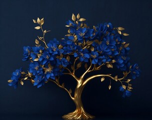 Delicate 3D gold and royal blue floral golden tree. Generative AI