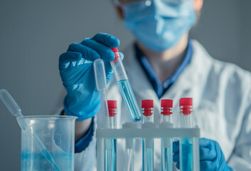 A chemist, a scientist in the laboratory, studies the interaction of chemicals to create new...