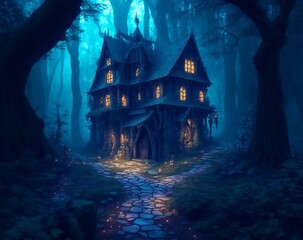 Fototapeta na wymiar Old fantasy haunted house in forest digital art. Generative AI