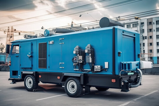 Industrial mobile diesel generator for office building, connected to electrical network by cable, created with Generative AI