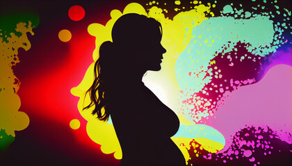 Obraz na płótnie Canvas Pregnant woman silhouette on vibrant colourful background. Happy Mothers Day Concept. Moms Day. Womens Day Concept. Ai generated image