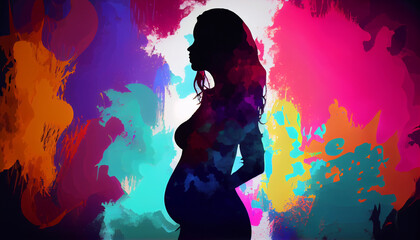 Obraz na płótnie Canvas Pregnant woman silhouette on vibrant colourful background. Happy Mothers Day Concept. Moms Day. Womens Day Concept. Ai generated image