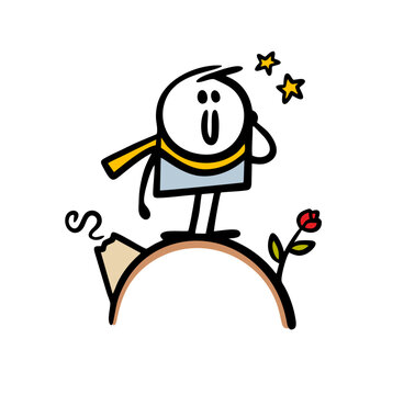 The little prince from the fairy tale stands on the planet and admires the rose flower. Vector illustration of doodle boy with scarf, volcano and stars in space.