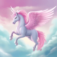 Naklejka na ściany i meble Beautiful Unicorn flying in the sky with clouds. Fantastic Horse with wings. Fantasy illustration for children. Cute Funny cartoon character. Drawing for your design