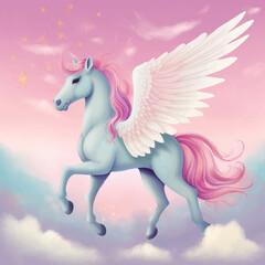 Fototapeta na wymiar Beautiful Unicorn flying in the sky with clouds. Fantastic Horse with wings. Fantasy illustration for children. Cute Funny cartoon character. Drawing for your design