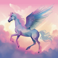 Obraz na płótnie Canvas Beautiful Unicorn flying in the sky with clouds. Fantastic Horse with wings. Fantasy illustration for children. Cute Funny cartoon character. Drawing for your design