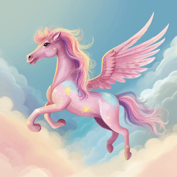 Beautiful Unicorn flying in the sky with clouds. Fantastic Horse with wings. Fantasy illustration for children. Cute Funny cartoon character. Drawing for your design