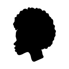 Black and white African woman head profile in silhouette. Afro hair style. Vector illustration.