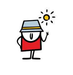 Doodle stickman with a panama hat on his eyes hides his head from the bright sunlight. Vector illustration of a character and summer.