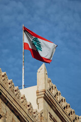 The Lebanese flag in the center of Beirut fluttering in the wind