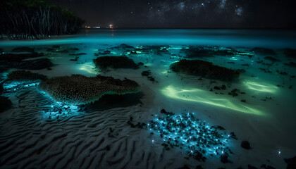 Fototapeta na wymiar Bio luminescence blue light. Illumination of plankton at sand beach Maldives. Generation AI
