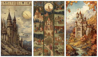 Watercolour fantasy illustrations of old medieval castle and buildings. Greeting cards or envelopes project print. Set no 8.