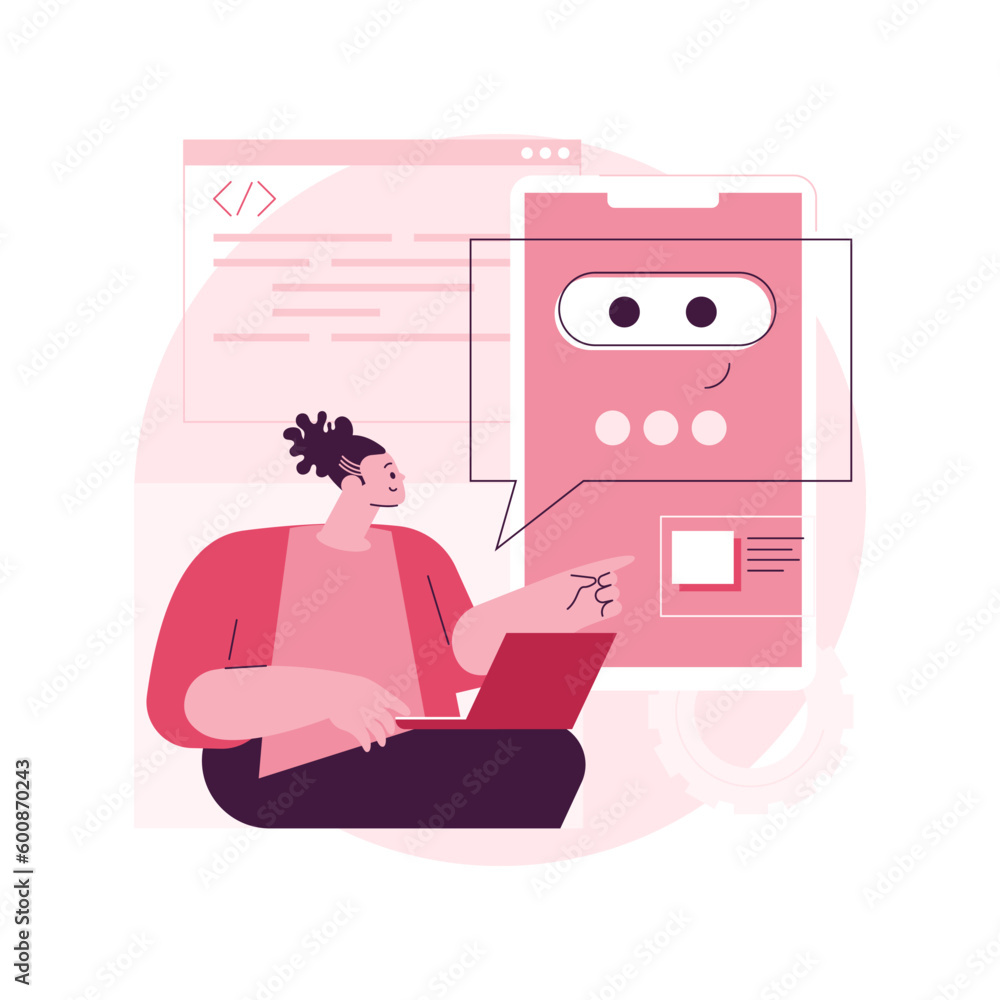 Poster chatbot app development abstract concept vector illustration. chatbot application, bot development f