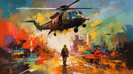 modern warzone conflict, helicopter army painting - by generative ai