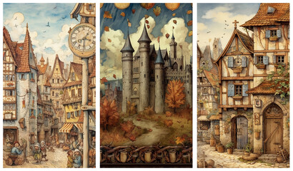 Watercolour fantasy illustrations of old medieval castle and buildings. Greeting cards or envelopes project print. Set no 3.