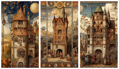 Watercolour fantasy illustrations of old medieval castle and buildings. Greeting cards or envelopes project print. Set no 2.