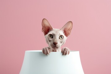 Medium shot portrait photography of a curious sphynx cat kneading with hind legs against a pastel or soft colors background. With generative AI technology