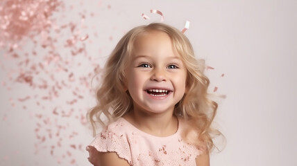 Obraz na płótnie Canvas little girl blonde celebrating a birthday on a white background, a pink dress catches confeti, smiling, happy holiday concept generative AI tools 