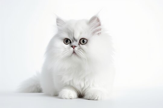 Close-up portrait photography of a smiling persian cat crouching against a white background. With generative AI technology