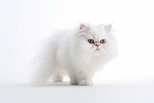 Environmental portrait photography of a scared persian cat tail wagging against a white background. With generative AI technology
