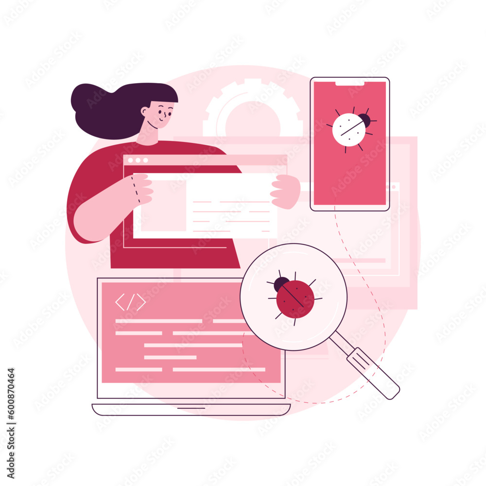 Poster cross-platform testing abstract concept vector illustration. cross-platform bug finding, problem ide