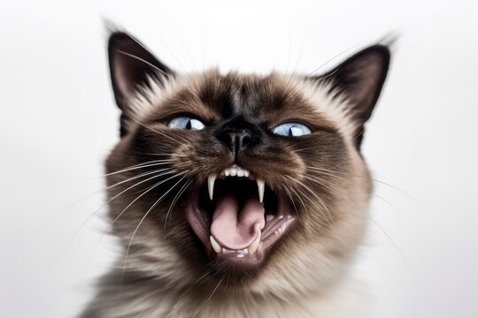 Close-up portrait photography of a smiling siamese cat growling against a white background. With generative AI technology