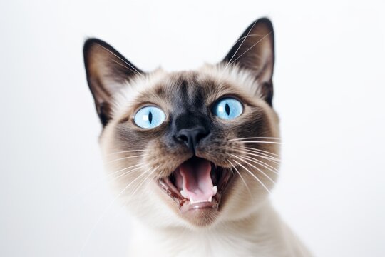 Medium shot portrait photography of a happy siamese cat eating against a white background. With generative AI technology