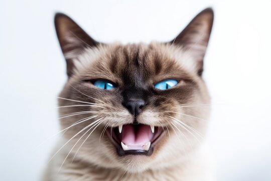 Close-up portrait photography of a smiling siamese cat growling against a white background. With generative AI technology