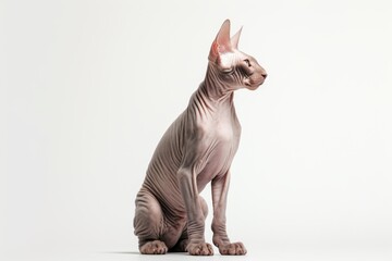 Lifestyle portrait photography of a happy sphynx cat back-arching against a white background. With generative AI technology